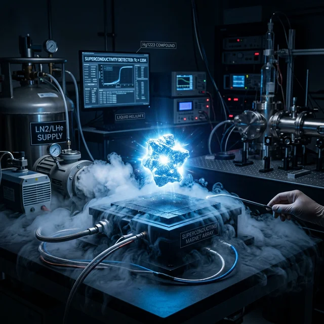 Futuristic laboratory with superconductor material levitating above magnetic surface