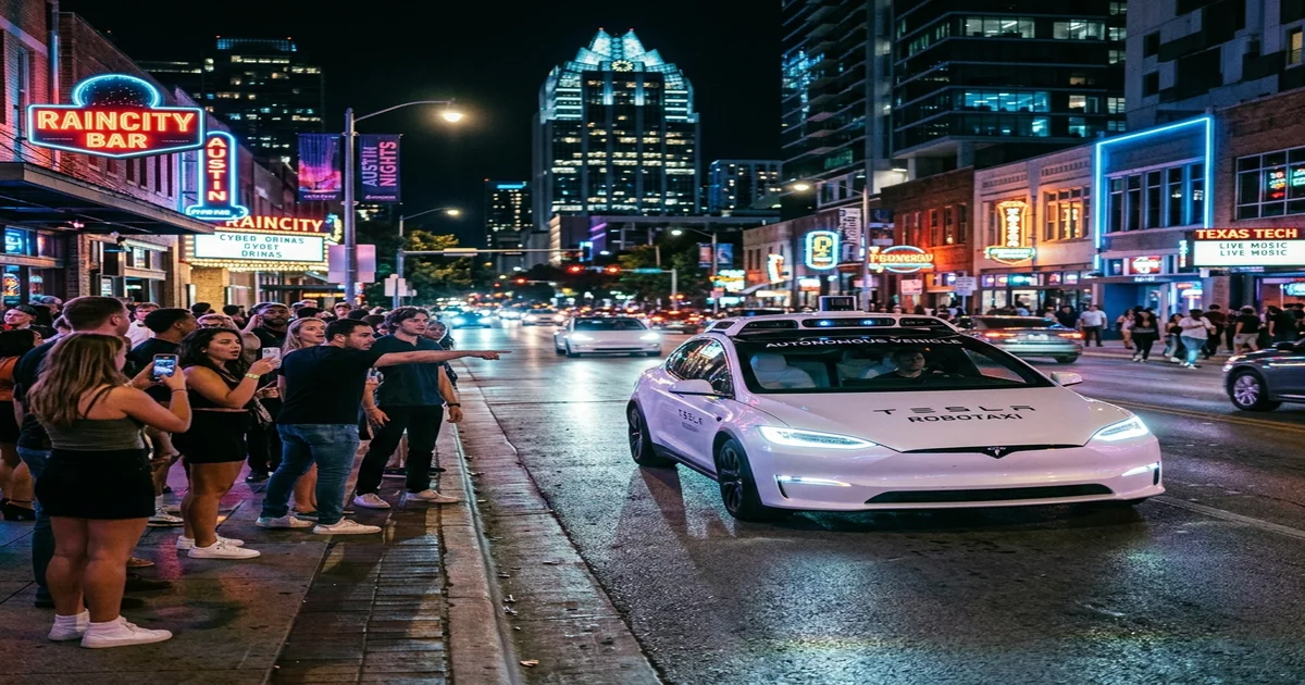 Tesla Model Y robotaxi navegando sem motorista pelas ruas de Austin