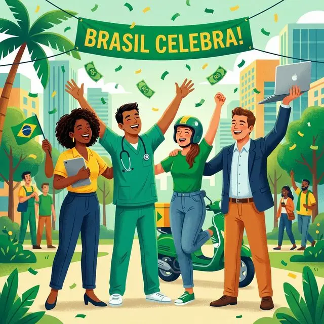 Trabalhadores brasileiros de diversas profissões celebrando a isenção do Imposto de Renda, representando as milhões de famílias beneficiadas pela nova regra